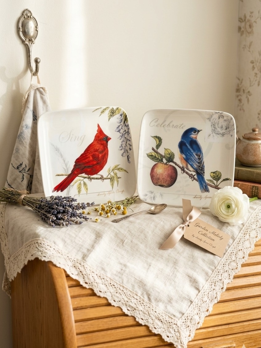 Garden Melody Bird Plates by Sandy Clough – Set of 4 Vintage Square Plates